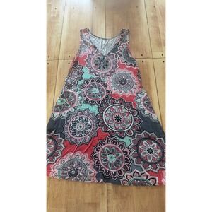 BISHUIGE‎ Womens Large Red Teal Mandala Floral V-Neck Sleeveless Pocket Dress